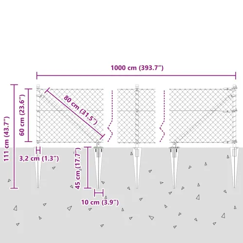 Ograda od lančane veze s šiljcima 10 x 0,6 m Pocinčani čelik - 10 x 0,6 m (60 x 60 mm mreža) Pocinčani čelik Vijak sidro fiksaci Cijena