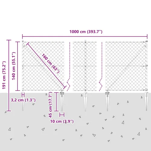 Ograda od lančane veze s šiljcima 10 x 1,4 m Pocinčani čelik - 10 x 1,4 m (60 x 60 mm mreža) Pocinčani čelik Vijak sidro fiksaci Cijena