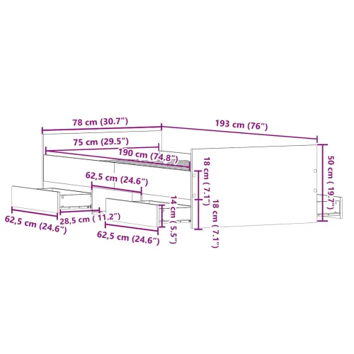 Okvir za krevet s ladicama Crni hrast 193 x 78 x 50 cm - Crni hrast 75 x 190 cm Cijena