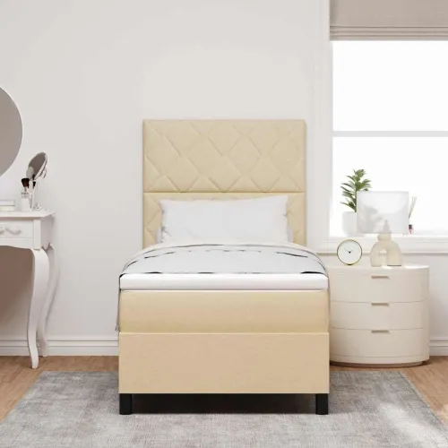 Box spring krevet s LED trakama Krema 100 x 200 cm tkanina - Krema 100 x 200 cm Dizajn s rombovima Cijena