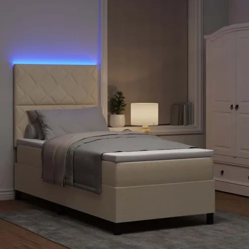 Box spring krevet s LED trakama Krema 100 x 200 cm tkanina - Krema 100 x 200 cm Dizajn s rombovima Cijena