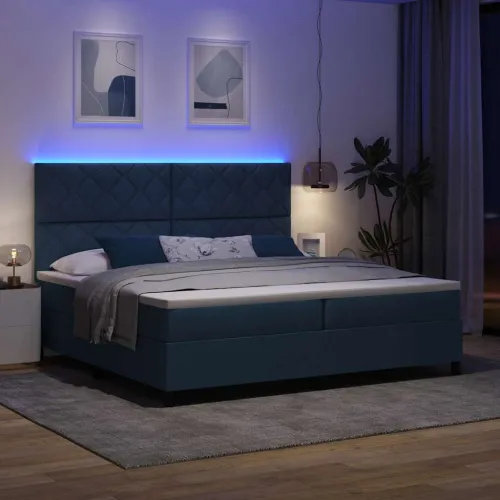 Box spring krevet s LED trakama Plava 200 x 200 cm tkanina - Plava 200 x 200 cm Dizajn s rombovima Cijena