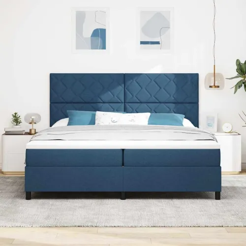 Box spring krevet s LED trakama Plava 200 x 200 cm tkanina - Plava 200 x 200 cm Dizajn s rombovima Cijena