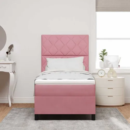 LED Box Spring Krevet s uzglavljem Ružičasta 90 x 190 cm Baršun - Ružičasta 90 x 190 cm Dizajn s rombovima Cijena