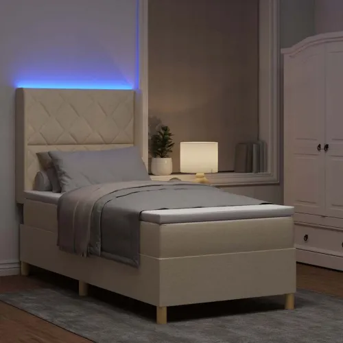 Box spring krevet s LED trakama Krema 100 x 200 cm tkanina - Krema 100 x 200 cm Dizajn s rombovima Cijena