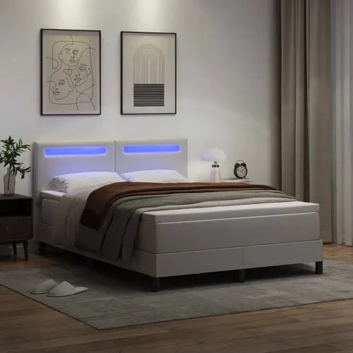 Box spring krevet Bijelo 160 x 200 cm Umjetna koža - Bijelo 160 x 200 cm Jednostavan dizajn s LED Cijena