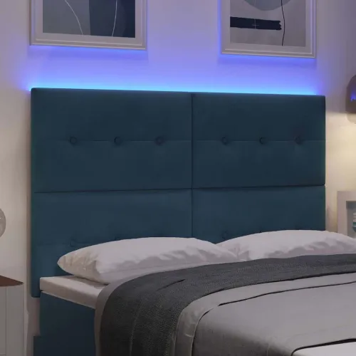 LED glava kreveta s LED trakama Plava 144 cm Baršun - Tamno plava 140 cm Visoki uzglavlje Cijena