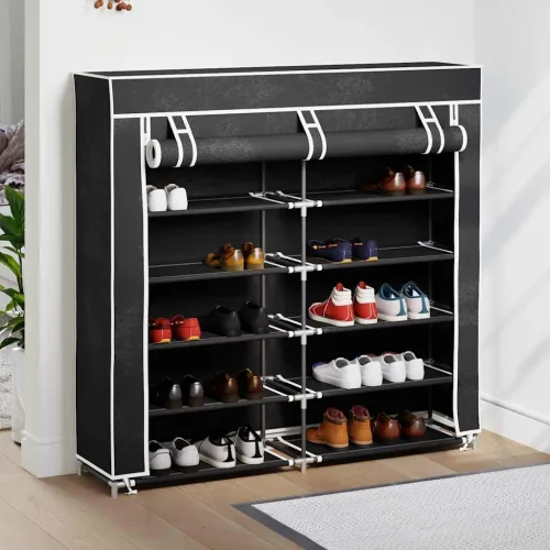 Ormarić za Cipele s Pokrovom od Tkanine 115 x 28 x 110 cm Crni - Crna Cijena