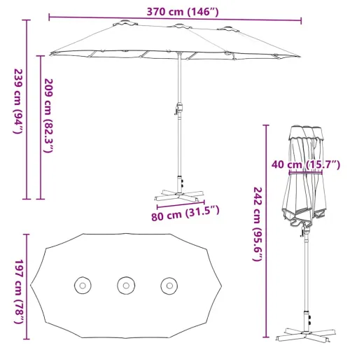 Vrtni suncobran 370 x 197 x 239 cm Poliester i aluminij - Antracit Cijena