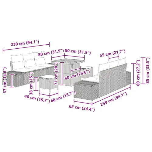 Sjedeća garnitura za vrt 9 kom. 8-Broj sjedala Bež Poli ratan - bež i krem ​​bijela Dužina stola 80 cm Cijena