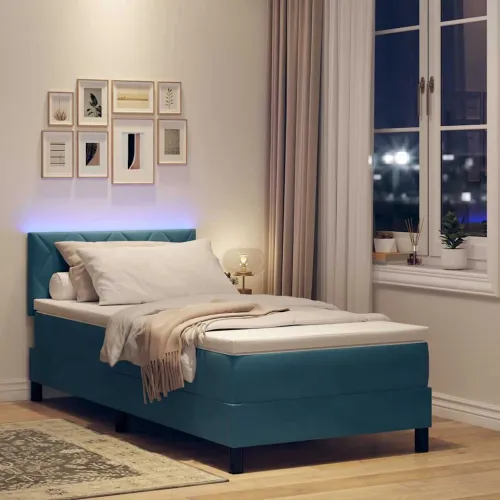 LED Box Spring Krevet Tamno plava 90 x 190 cm Baršun - Tamno plava 90 x 190 cm Dizajn s rombovima Cijena