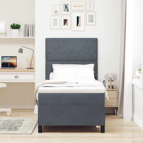 LED Box Spring Krevet s madracem Tamno siva 90 x 190 cm Baršun - Tamno siva 90 x 190 cm Kristal s dugmadima Cijena