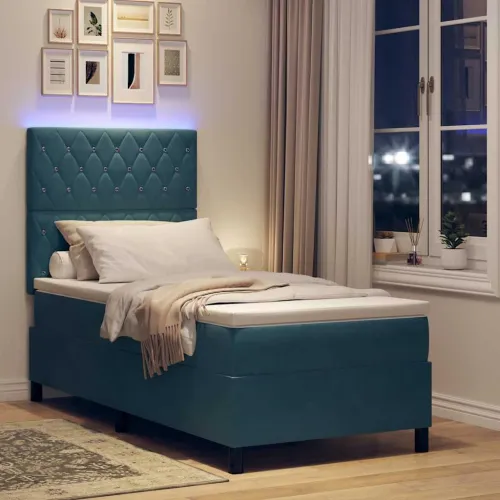 LED Box Spring Krevet s madracem Tamno plava 90 x 200 cm Baršun - Tamno plava 90 x 200 cm Kristal s dugmadima Cijena