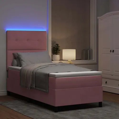 LED Box Spring Krevet s uzglavljem Ružičasta 90 x 190 cm Baršun - Ružičasta 90 x 190 cm Prošiveno gumbima Cijena