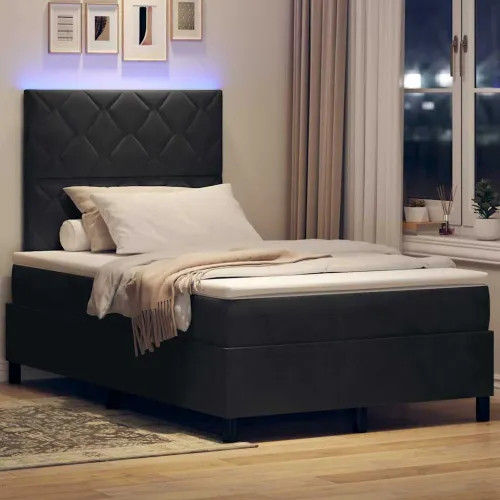 LED Box Spring Krevet s uzglavljem Crna 120 x 190 cm Baršun - Crna 120 x 190 cm Dizajn s rombovima Cijena
