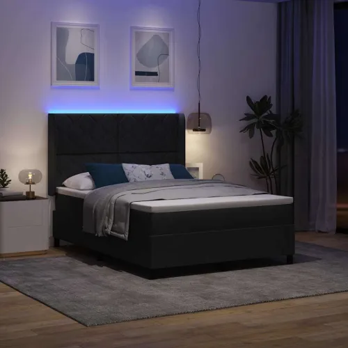 Box spring krevet s LED trakama Crna 140 x 200 cm Baršun - Crna 140 x 200 cm Dizajn s rombovima Cijena