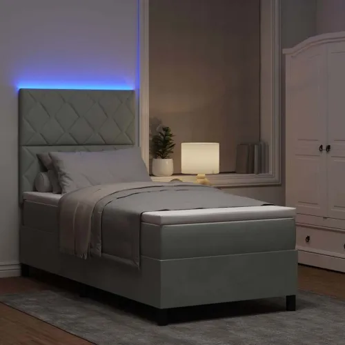 LED Box Spring Krevet Svijetlo siva 90 x 190 cm Baršun - Svjetlosiva 90 x 190 cm Dizajn s rombovima Cijena