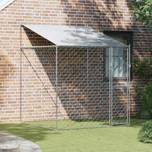Kavez za psa s krovom Srebrna 200 x 200 x 258 cm Čelik i PE - 2 x 2 x 2,58 m 1 vrata Cijena