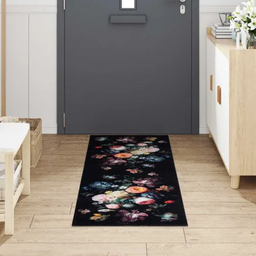 Kuhinjski Tepih Crna 180 x 60 cm Baršun - Cvijeće 60 x 180 cm Cijena