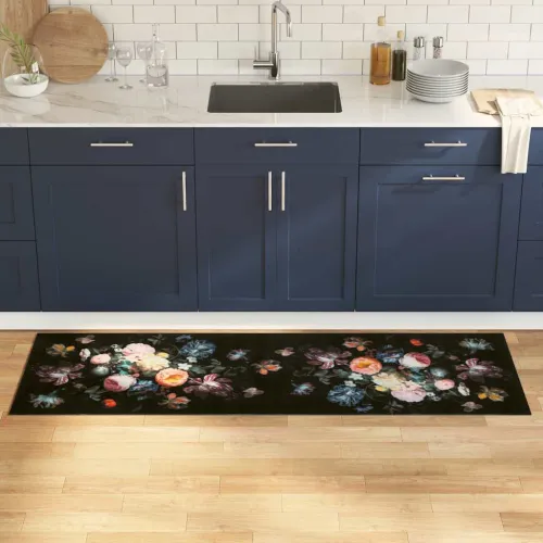 Kuhinjski Tepih Crna 180 x 60 cm Baršun - Cvijeće 60 x 180 cm Cijena