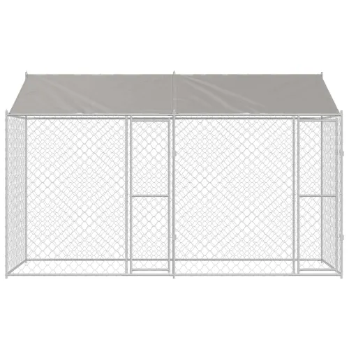 Kavez za psa s krovom Srebrna 400 x 200 x 256 cm Čelik i PE - 4 x 2 x 2,56 m 2 vrata Cijena