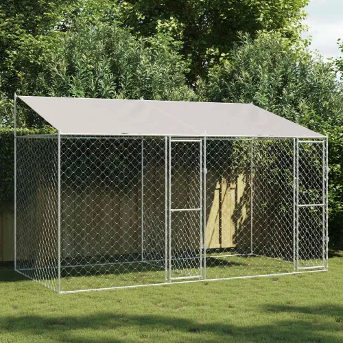 Kavez za psa s krovom Srebrna 400 x 200 x 256 cm Čelik i PE - 4 x 2 x 2,56 m 2 vrata Cijena