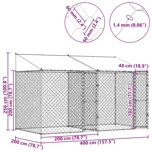 Kavez za psa s krovom Srebrna 400 x 200 x 256 cm Čelik i PE - 4 x 2 x 2,56 m 2 vrata Cijena