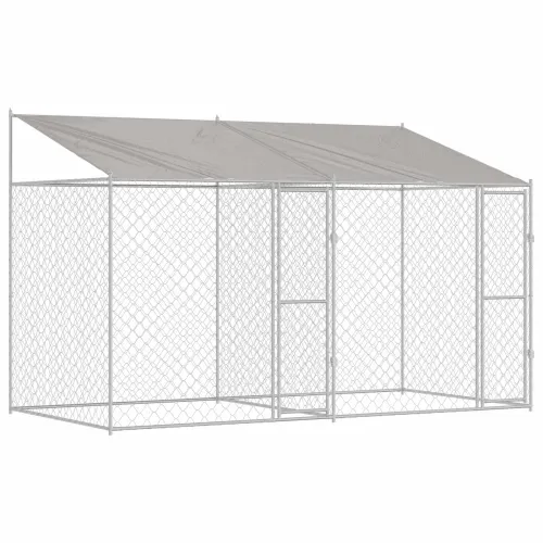 Kavez za psa s krovom Srebrna 400 x 200 x 256 cm Čelik i PE - 4 x 2 x 2,56 m 2 vrata Cijena