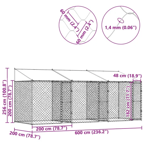 Kavez za psa s krovom Srebrna 600 x 200 x 256 cm Čelik i PE - 6 x 2 x 2,56 m 3 vrata Cijena