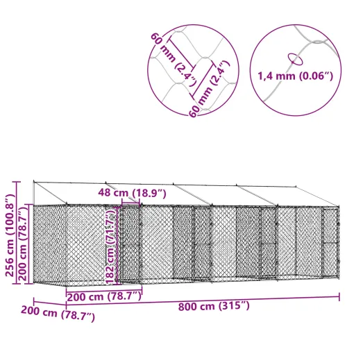 Kavez za psa s krovom Srebrna 800 x 200 x 256 cm Čelik i PE - 8 x 2 x 2,56 m 4 vrata Cijena