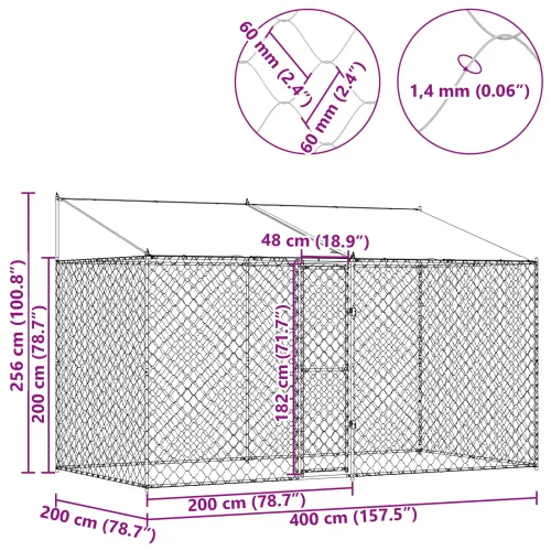 Kavez za psa s krovom Srebrna 400 x 200 x 256 cm Čelik i PE - 4 x 2 x 2,56 m 1 vrata Cijena