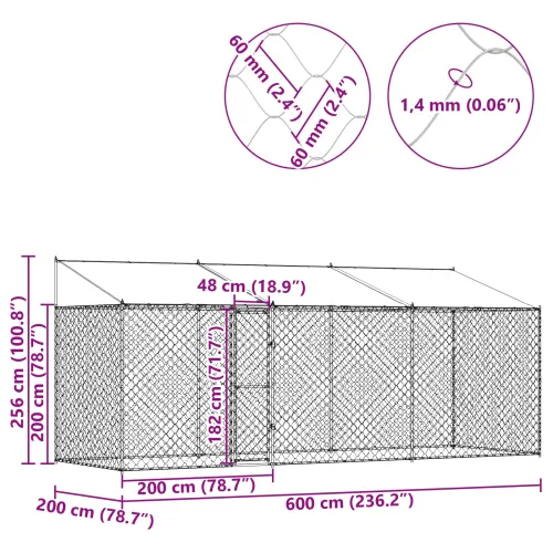 Kavez za psa s krovom Srebrna 600 x 200 x 256 cm Čelik i PE - 6 x 2 x 2,56 m 1 vrata Cijena