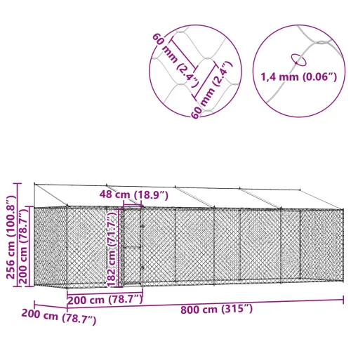 Kavez za psa s krovom Srebrna 800 x 200 x 256 cm Čelik i PE - 8 x 2 x 2,56 m 1 vrata Cijena