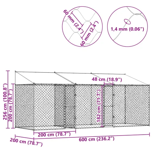 Kavez za psa s krovom Srebrna 600 x 200 x 256 cm Čelik i PE - 6 x 2 x 2,56 m 2 vrata Cijena