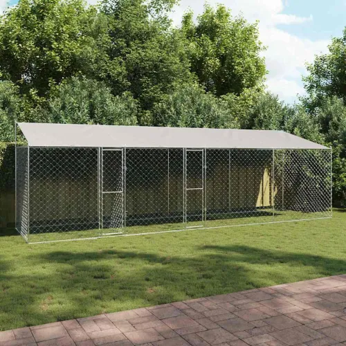 Kavez za psa s krovom Srebrna 800 x 200 x 256 cm Čelik i PE - 8 x 2 x 2,56 m 2 vrata Cijena