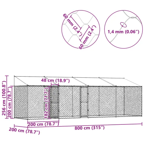 Kavez za psa s krovom Srebrna 800 x 200 x 256 cm Čelik i PE - 8 x 2 x 2,56 m 2 vrata Cijena