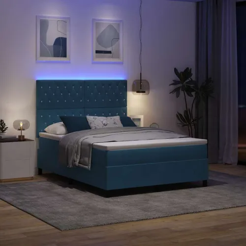 LED Box Spring Krevet Tamno plava 140 x 200 cm Baršun - Tamno plava 140 x 200 cm Kristal s dugmadima Cijena