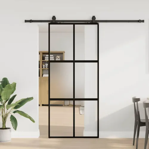 Klizna vrata s priborom crna 90 x 205 cm kaljeno staklo - Crna, mat i prozirna 90 x 205 cm (213 cm sliding rail) Mreže 4 x 2 Cijena