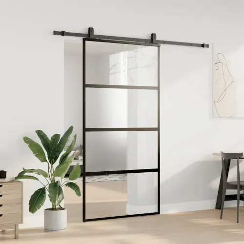 Klizna vrata s priborom crna 102,5 x 205 cm kaljeno staklo - 102.5 x 205 cm (213 cm sliding rail) Cijena