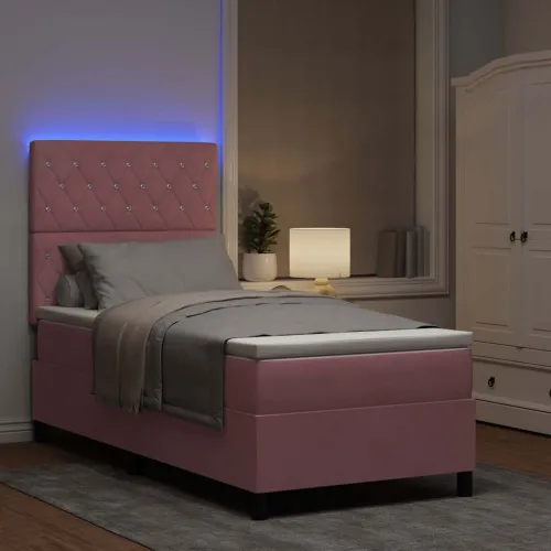 LED Box Spring Krevet s madracem Ružičasta 90 x 200 cm Baršun - Ružičasta 90 x 200 cm Kristal s dugmadima Cijena