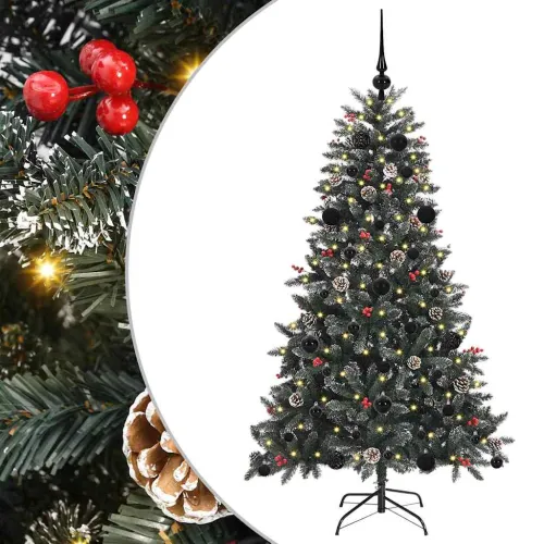 Umjetno božićno drvce Zelena 150 cm PVC, Plastika i Čelik - 150 cm s LED-ima i crnim kuglicama Cijena