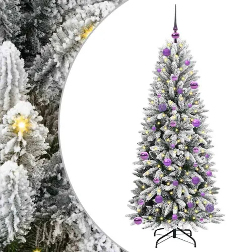 Umjetno božićno drvce Bijela 150 cm PVC, plastika, čelik i PE - 150 cm s LED-ima i ljubičastim kuglicama Zelena i bijela Cijena