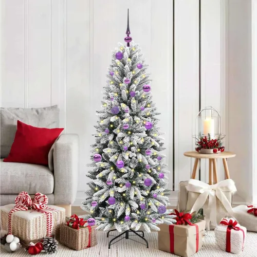 Umjetno božićno drvce Bijela 150 cm PVC, plastika, čelik i PE - 150 cm s LED-ima i ljubičastim kuglicama Zelena i bijela Cijena