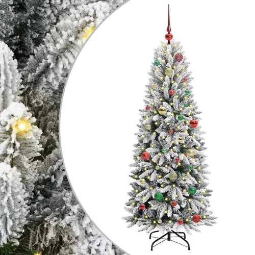 Umjetno božićno drvce Bijela 150 cm PVC, plastika, čelik i PE - 150 cm s LED-ima i šarenim kuglicama Zelena i bijela Cijena