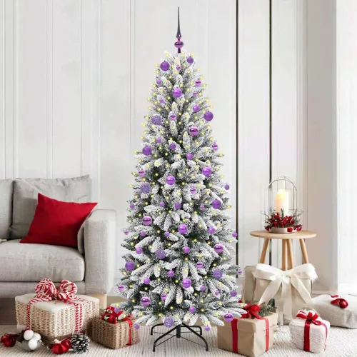 Umjetno božićno drvce Bijela 180 cm PVC, plastika, čelik i PE - 180 cm s LED-ima i ljubičastim kuglicama Zelena i bijela Cijena