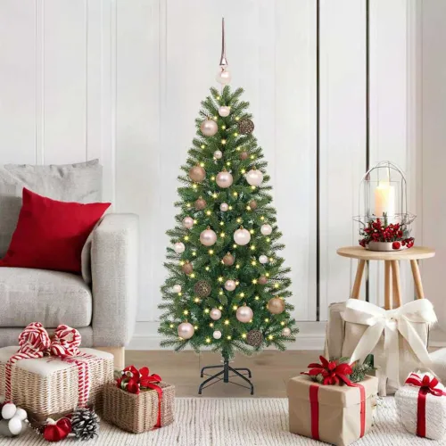 Umjetno božićno drvce Zelena 120 cm PE i PVC - 120 cm s LED-ima i ružičastim zlatnim kuglicama Cijena