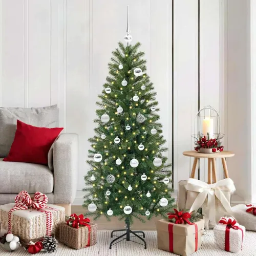 Umjetno božićno drvce Zelena 150 cm PE i PVC - 150 cm s LED-ima i srebrnim kuglicama Cijena