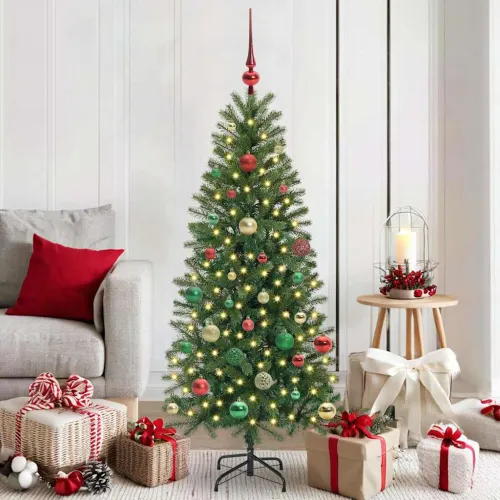 Umjetno božićno drvce Zelena 150 cm PE i PVC - 150 cm s LED-ima i šarenim kuglicama Cijena
