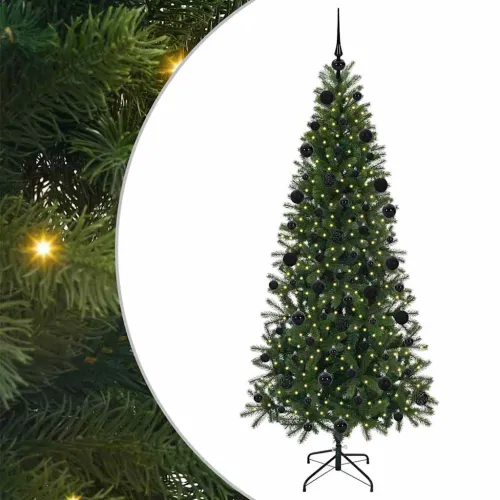 Umjetno božićno drvce Zelena 210 cm PE i PVC - 210 cm s LED-ima i crnim kuglicama Cijena