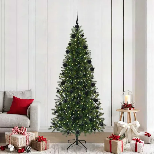 Umjetno božićno drvce Zelena 210 cm PE i PVC - 210 cm s LED-ima i crnim kuglicama Cijena